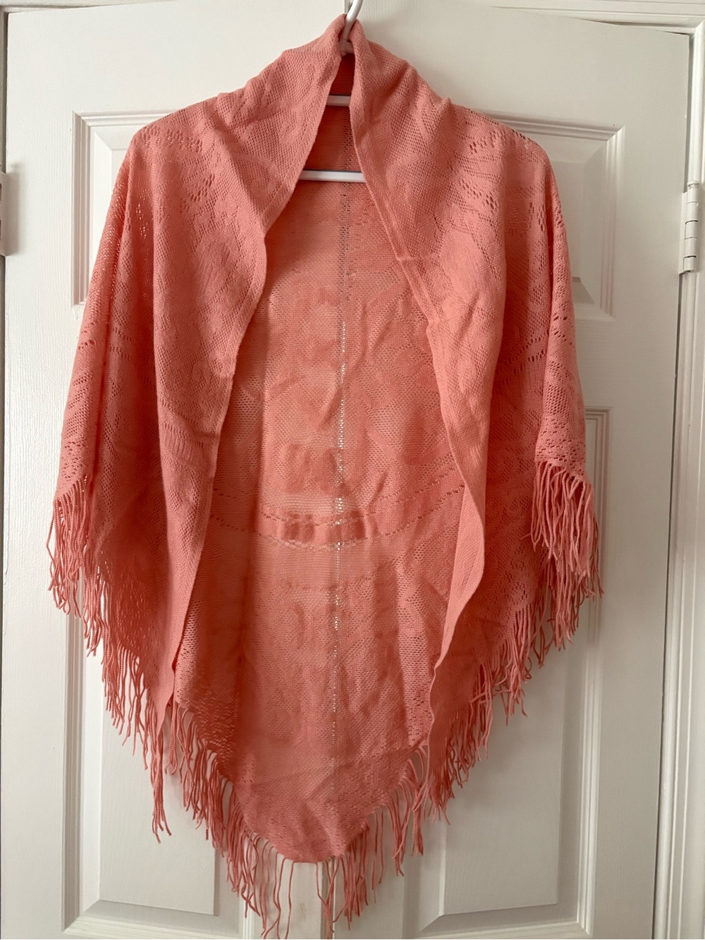 Vintage Style Peach Pink Lace Knit Fringe Wrap Shawl
